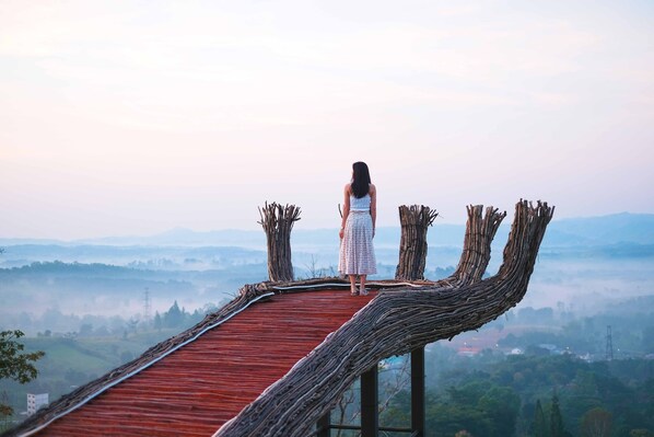Una mujer de pie sobre un puente de madera con vistas a un valle.
