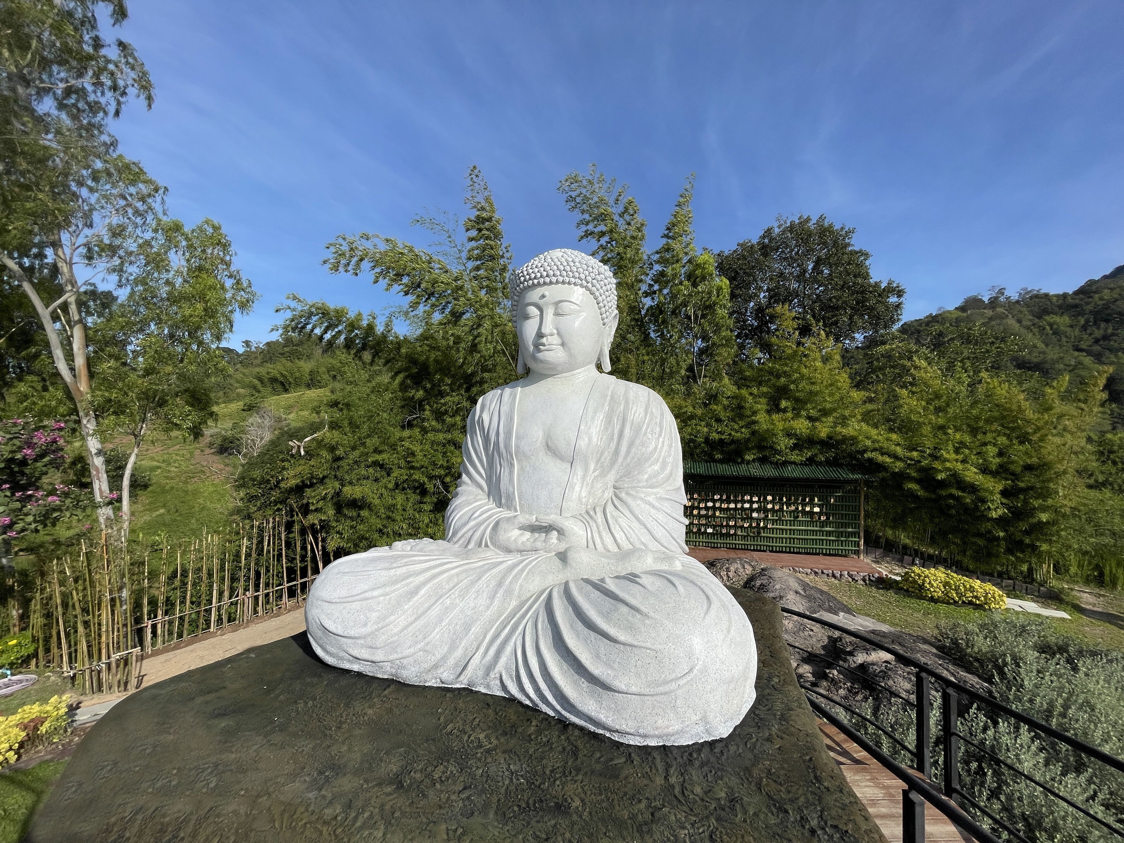 A large white Buddha statue in a seated position, surrounded by lush greenery and trees.