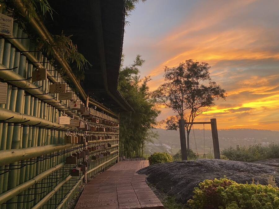 Un sendero que conduce a un edificio con valla de bambú y vista al atardecer.