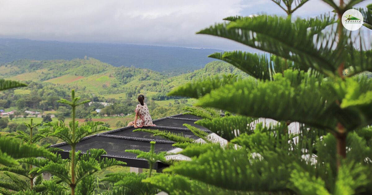 Uma pessoa está em pé no telhado, com vista para uma paisagem exuberante com colinas e um corpo d'água ao longe.