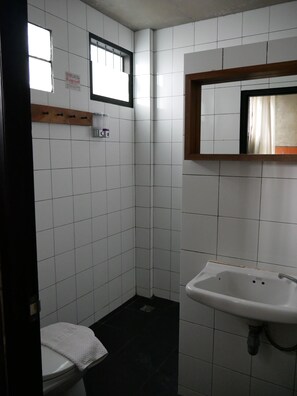 Pieni, laatoitettu kylpyhuone, jossa on wc, pesuallas ja peili.
