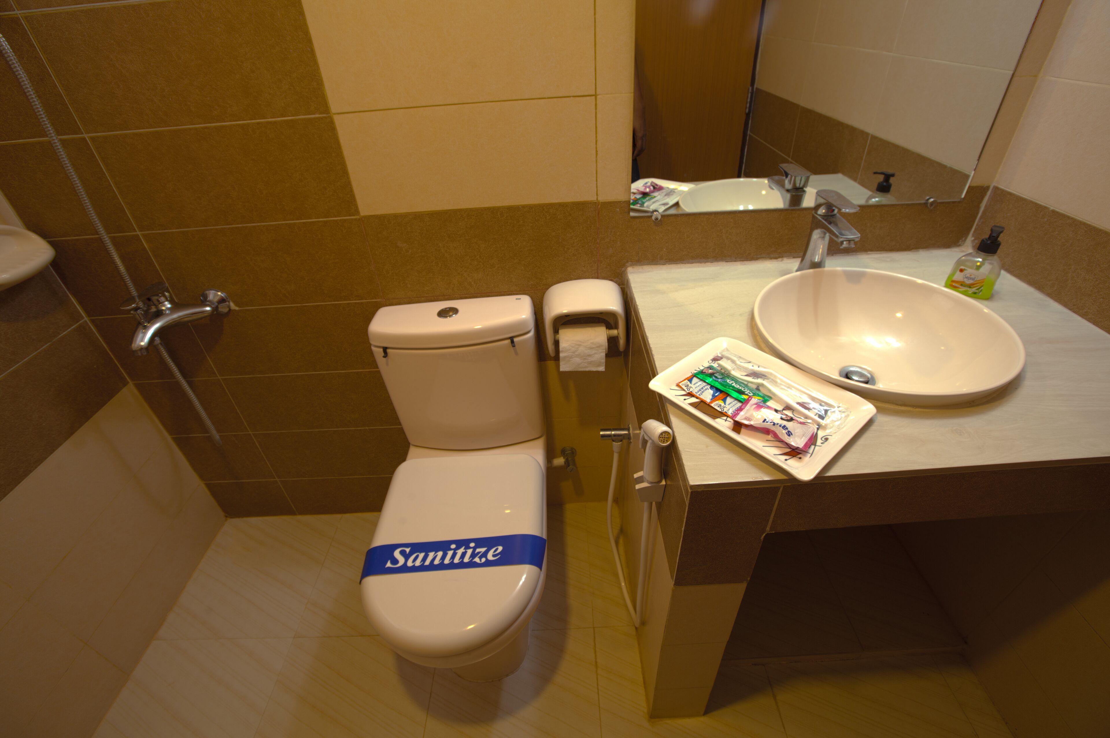 A bathroom with a toilet, a sink, and a mirror.