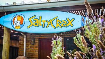 A sign for 'SaltyCrax' with a cartoon character, a brick building, and decorative plants in the foreground.