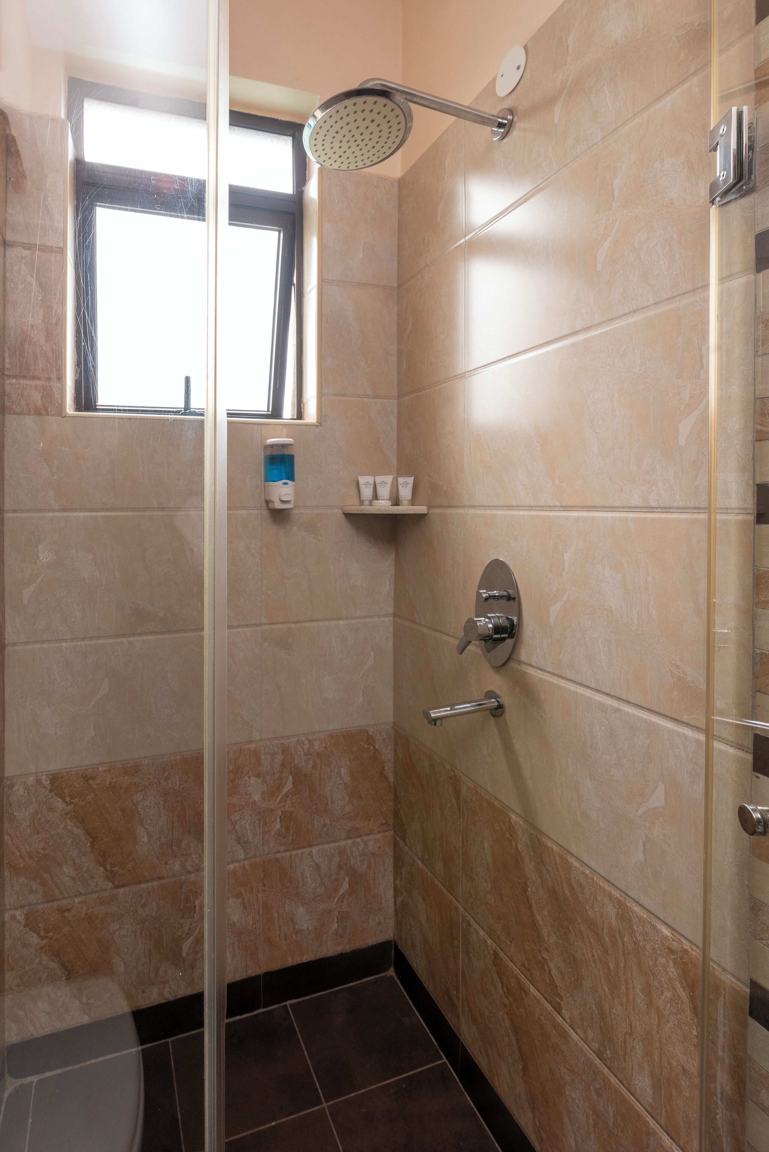 Une douche à l’italienne avec une porte en verre, une fenêtre et un sèche-mains.