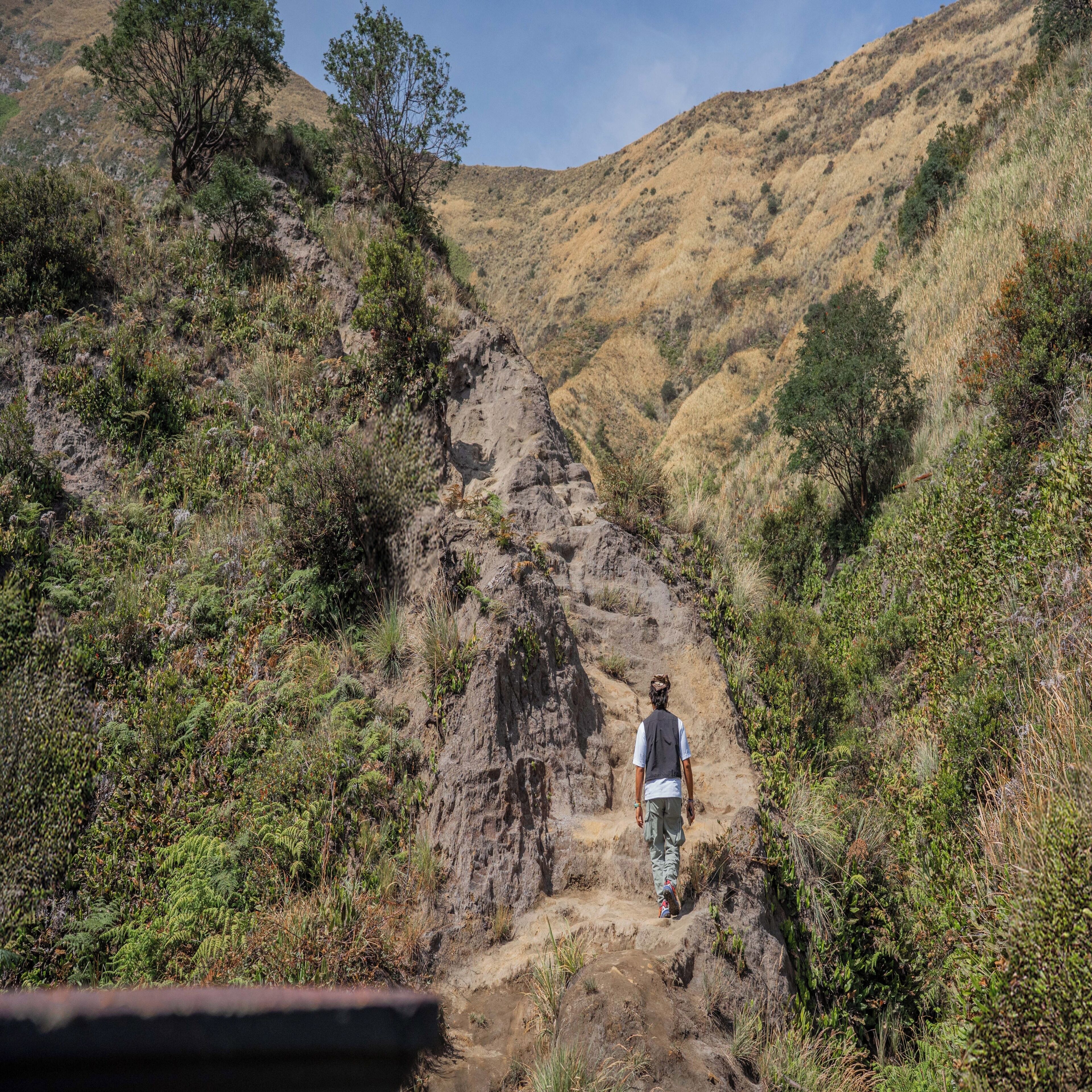 Una persona caminando por un sendero rocoso rodeado de vegetación seca y colinas.