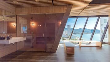 Salas para tratamentos a dois, sauna seca, sauna a vapor