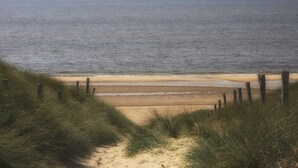 Een strand met een zandpad dat naar het water leidt, omgeven door gras en houten palen.
