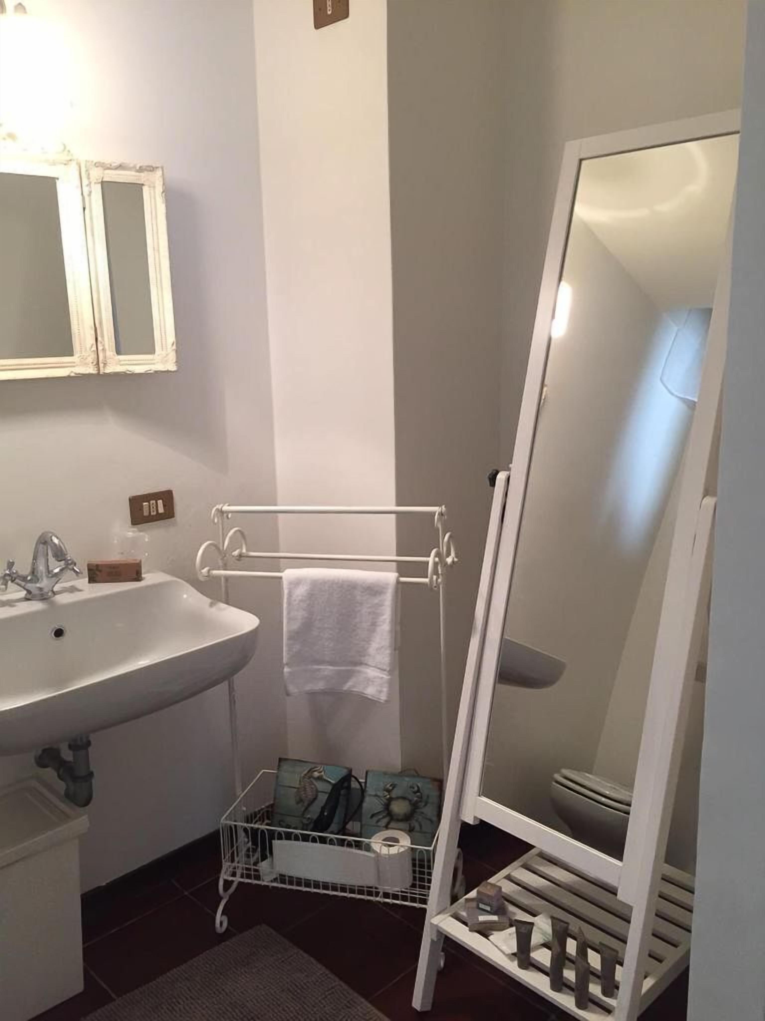 Une salle de bain équipée d’un lavabo, d’un miroir, d’un porte-serviettes et d’un espace douche.