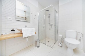 A modern bathroom with a glass-enclosed shower, a white sink with a wooden countertop, a toilet, and a mirror above the sink. - Vltavská pohádka (Cesky Krumlov)