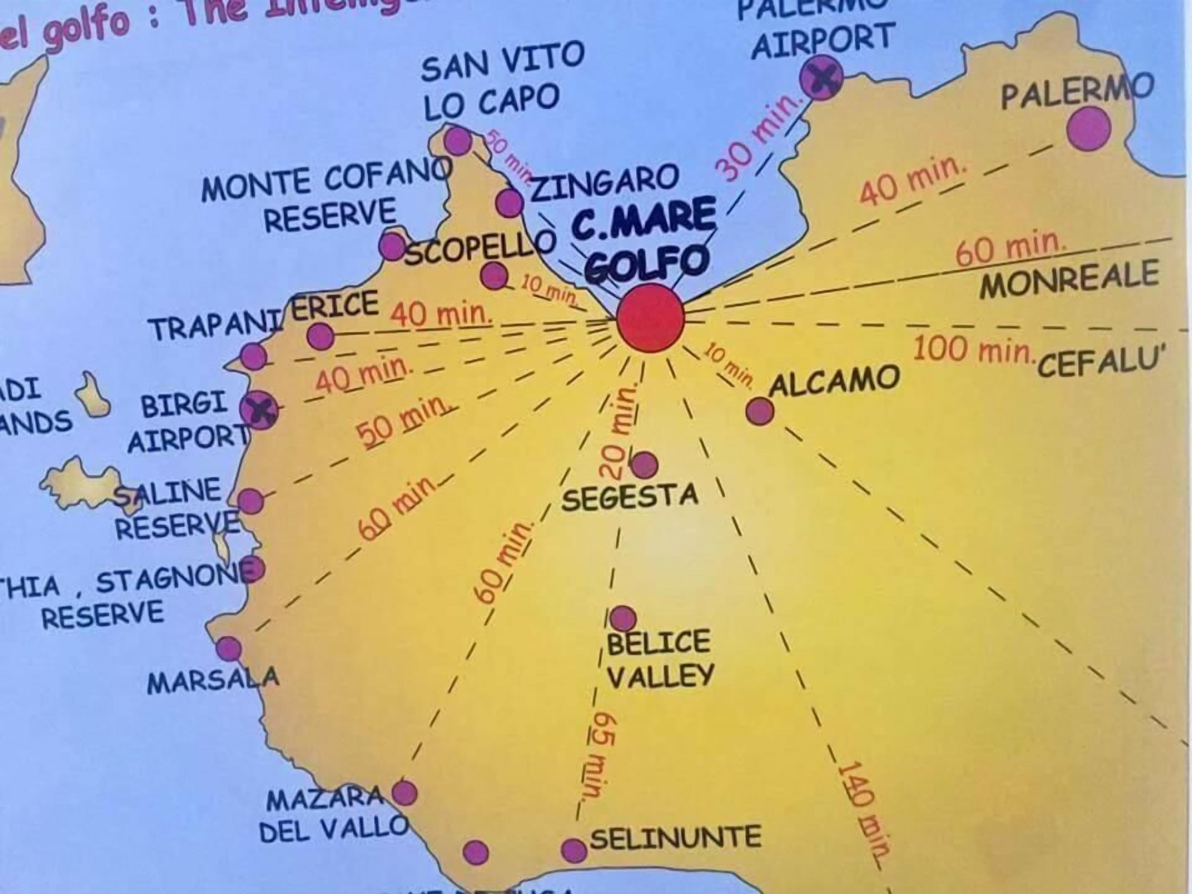 A map with travel times between locations.