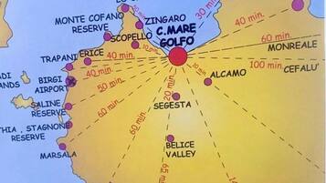 A map with travel times between locations.
