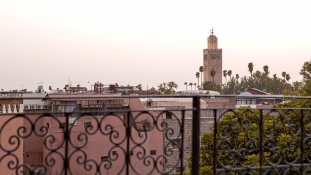 Vista de un paisaje urbano con una torre destacada y palmeras.