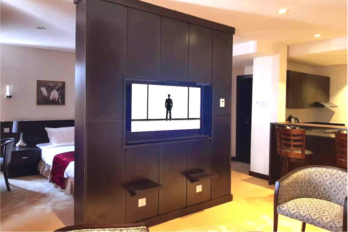32-cm TV with satellite channels, fireplace