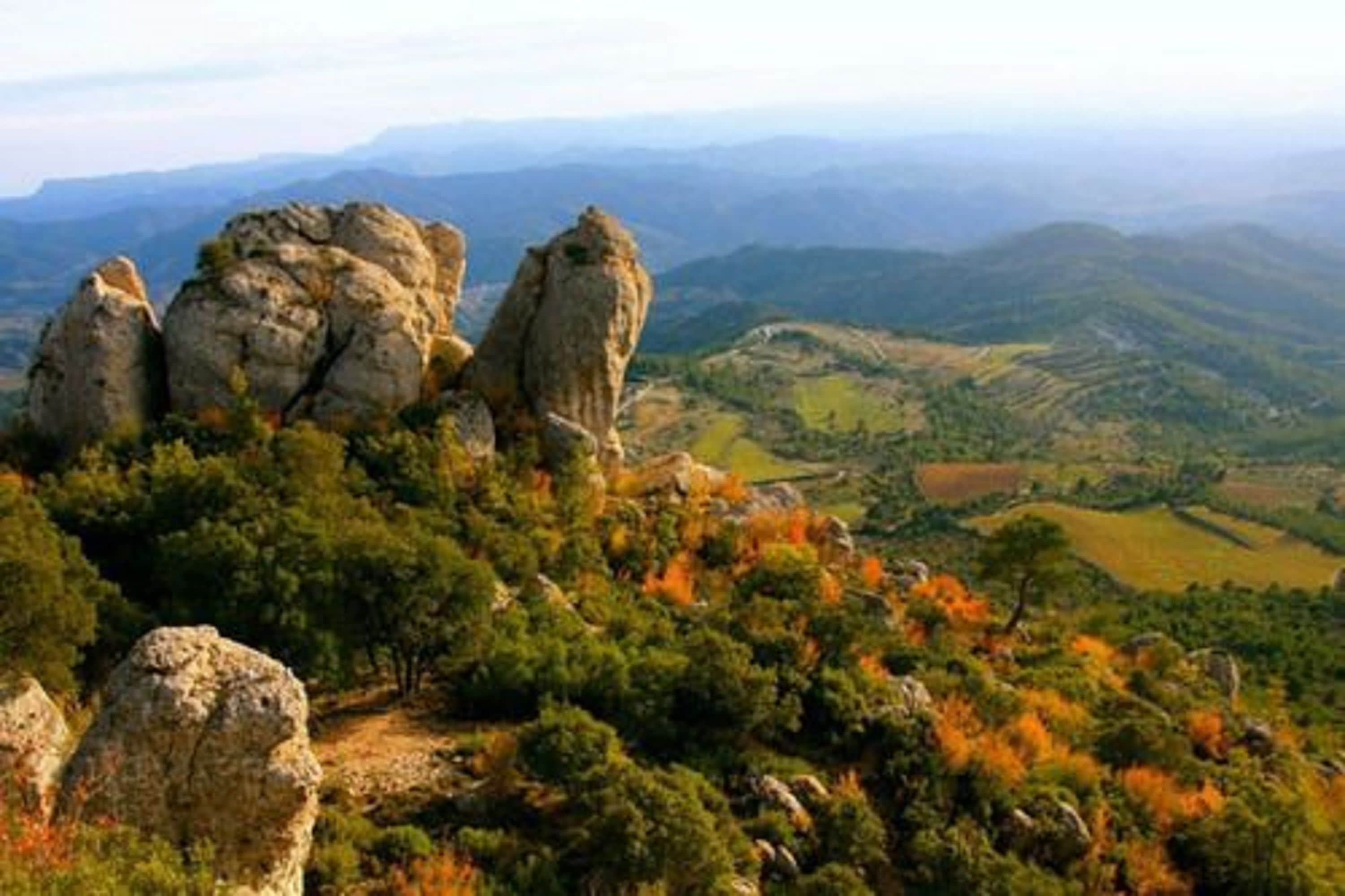 Eine gebirgige Landschaft mit Felsen und dichter Vegetation.