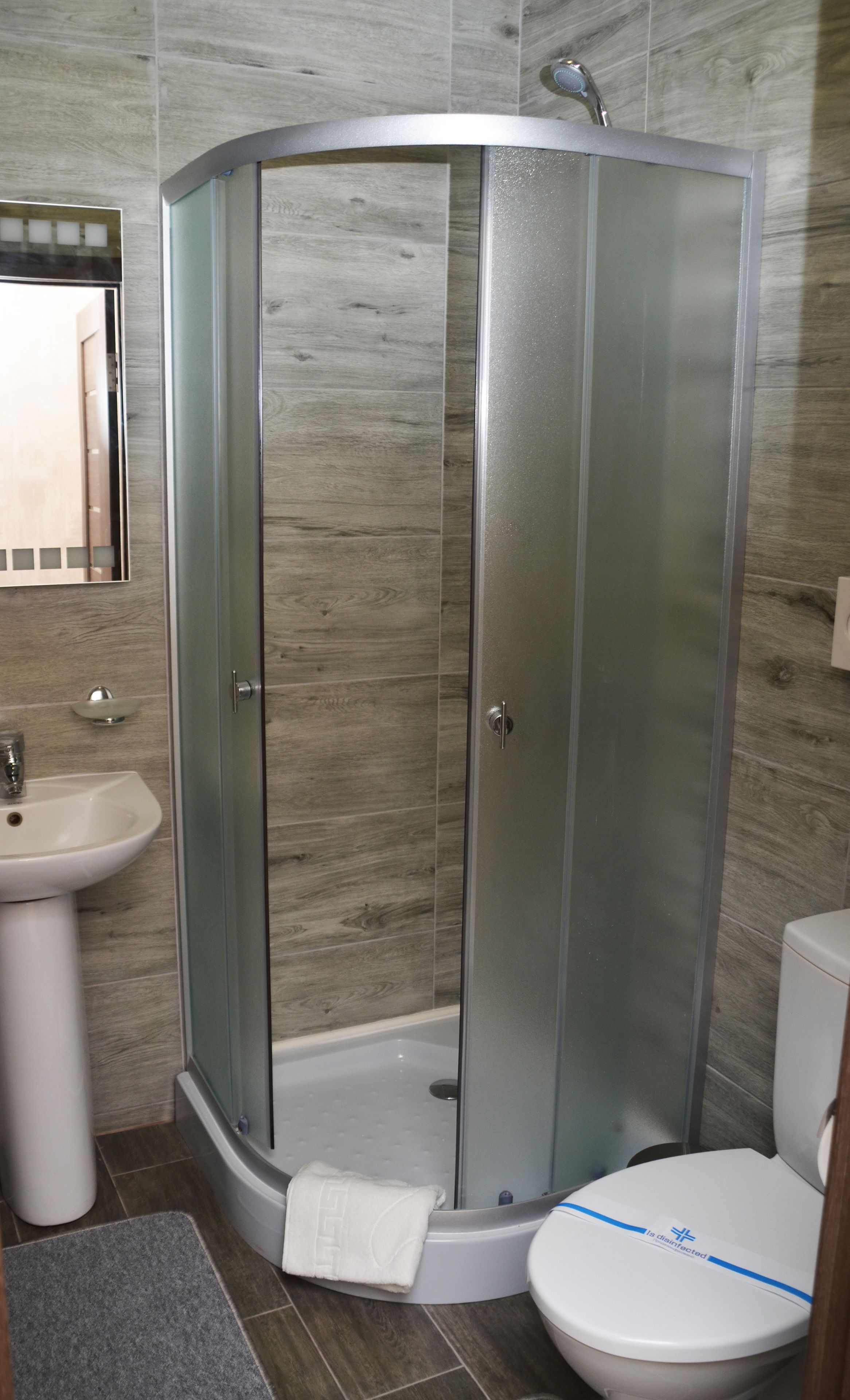 Une salle de bain moderne avec une douche à parois de verre, un lavabo blanc et des toilettes.