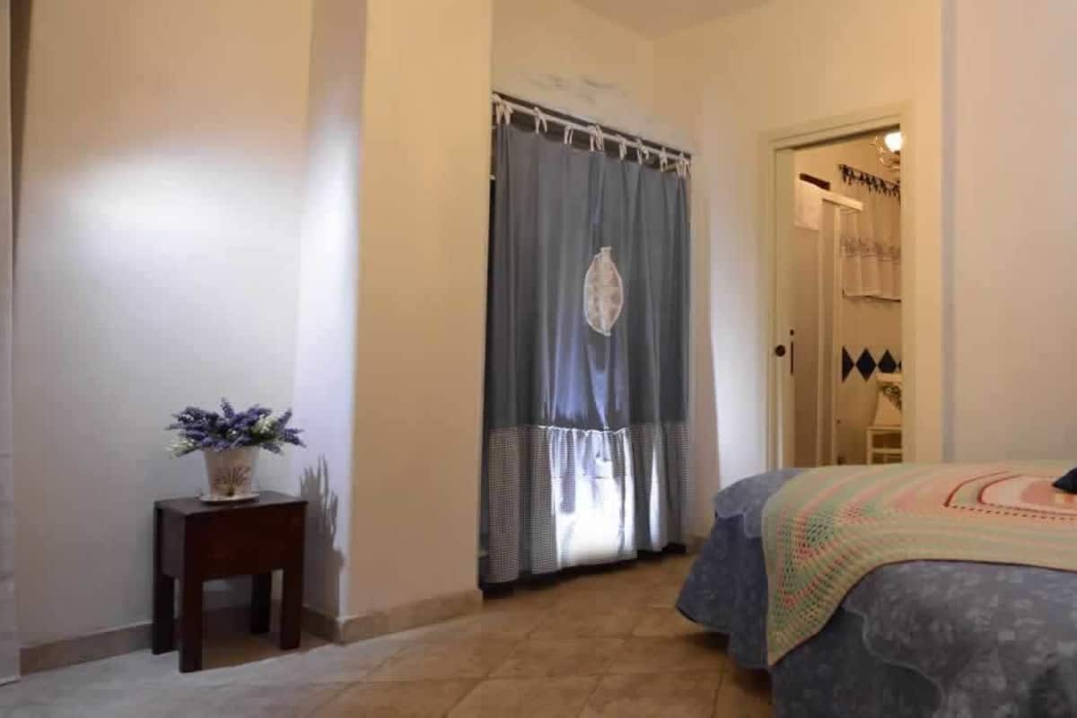 A bedroom with a bed, a bedside table with a plant, a door with a curtain, and a bathroom visible through an open door.