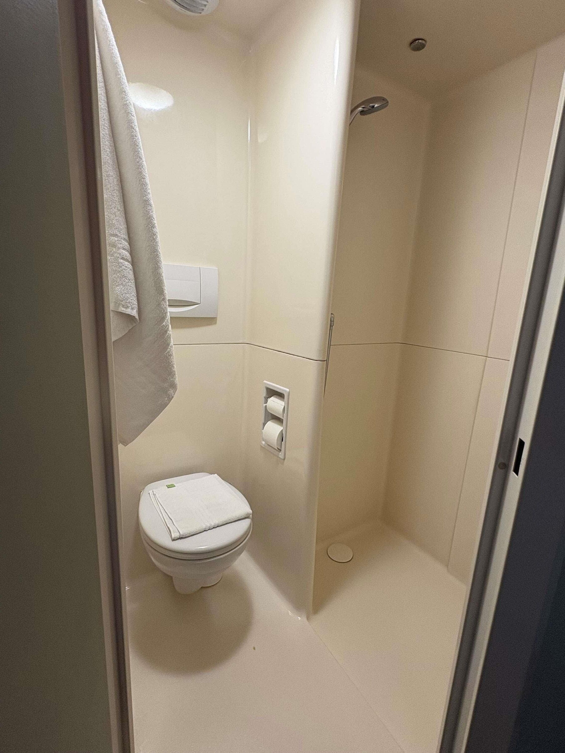 A small, modern bathroom with a toilet, a towel hanging on the wall, and a shower area.