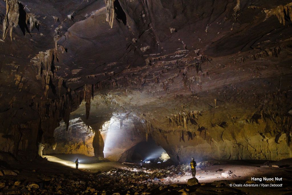 Una cova amb estalactites i estalagmites, una persona dempeus, i una font de llum il·luminant l'espai.