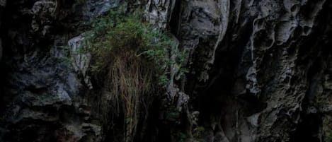 A person standing in a natural pool surrounded by rocky cliffs.