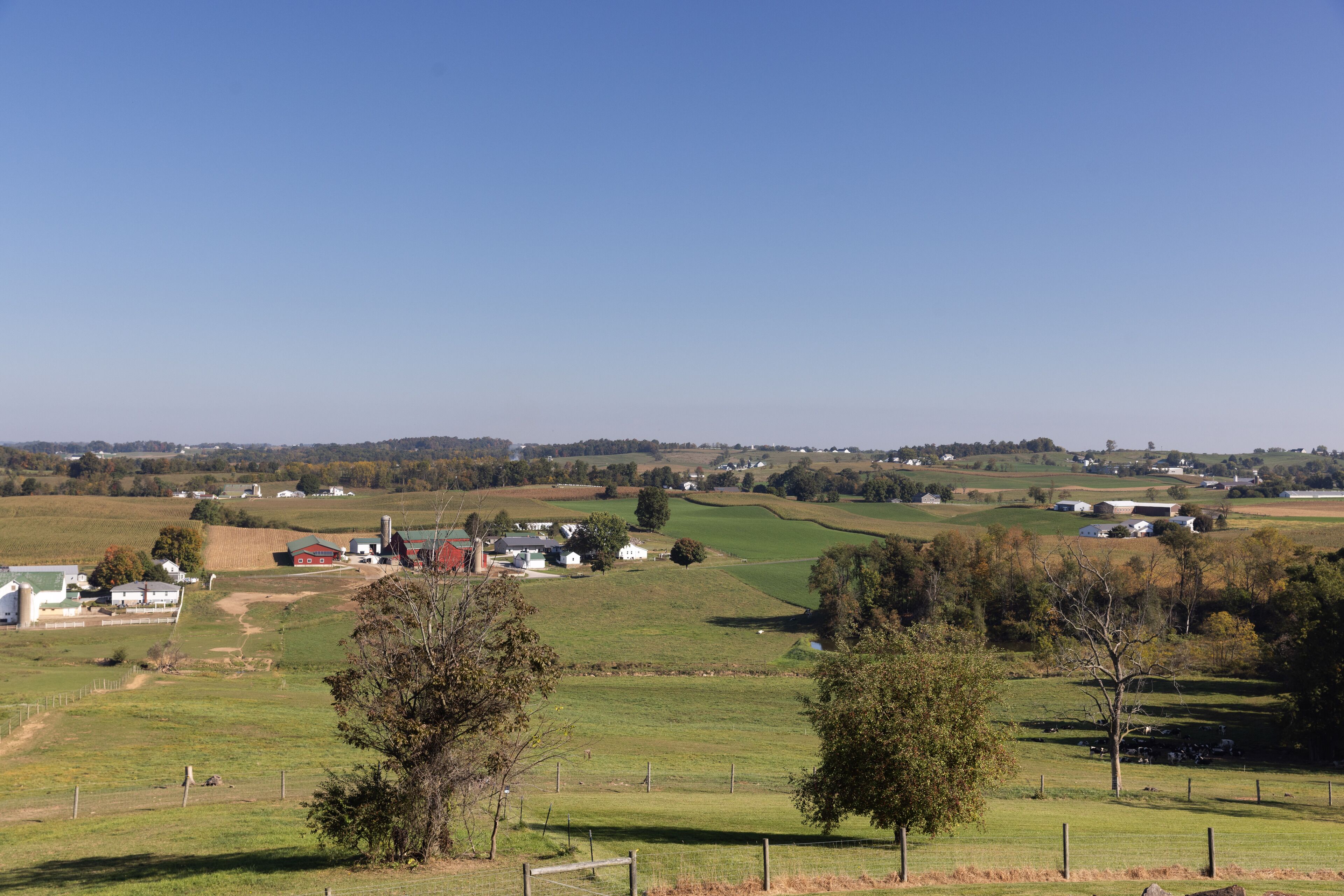Landelijk landschap met velden, enkele gebouwen en een heldere lucht.