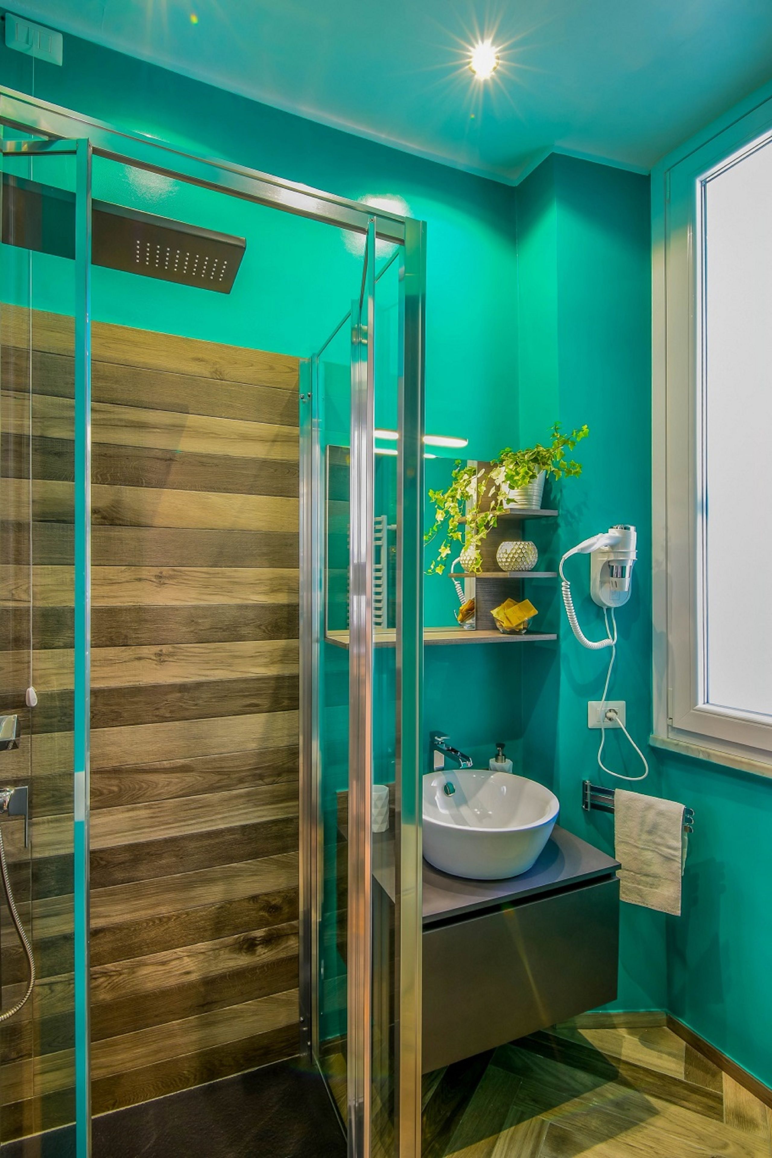 Een moderne badkamer met een glazen douchecabine, een wastafel met spiegel en een potplant op een plank.