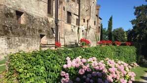 A historic building with a garden featuring pink hydrangeas and red flowers. - Agriturismo La Montecchia (Selvazzano Dentro)