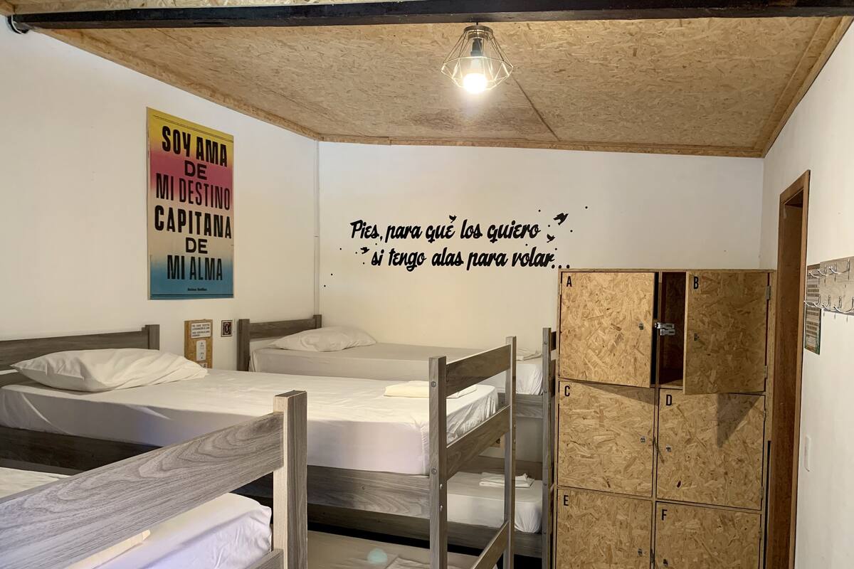 A dormitory room with bunk beds, a wooden ceiling, and a wall with motivational quotes.