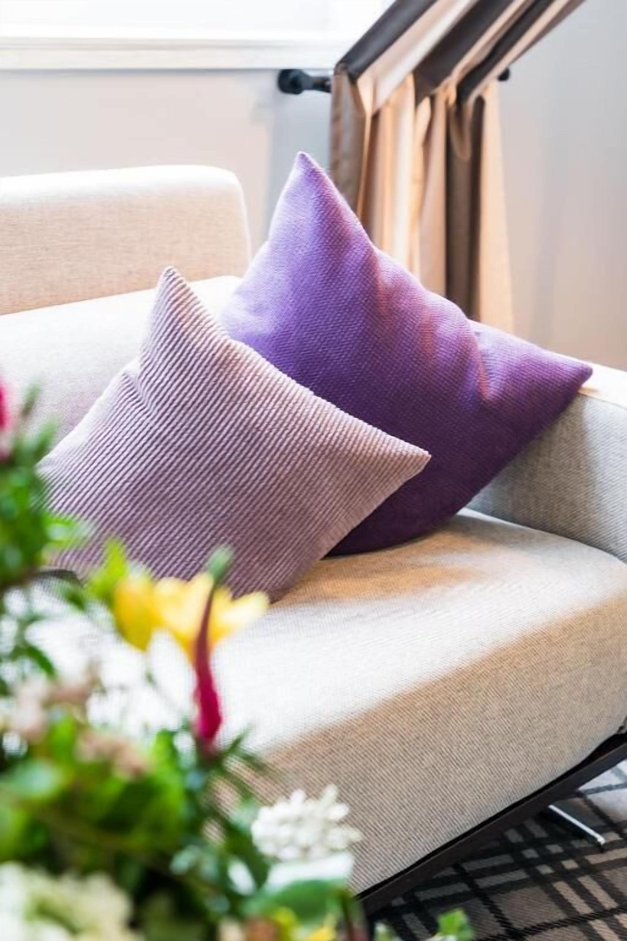 A sofa with two pillows, a window with curtains, and a plant in the foreground.