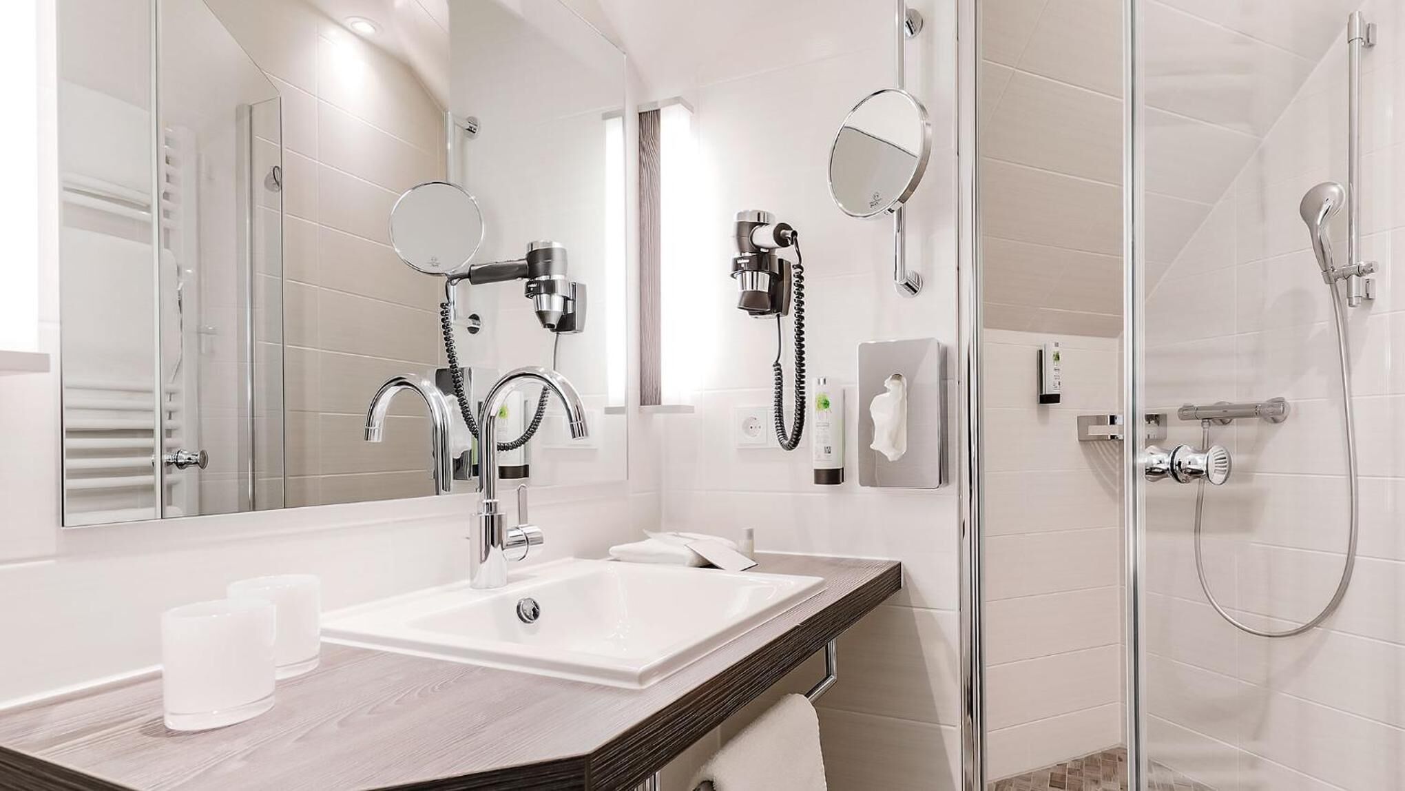 shower, free toiletries, hair dryer, bathrobes