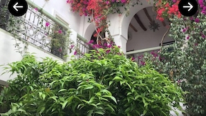 A courtyard with white walls, arches, and hanging pink bougainvillea. - Riad Timila (Marrakech)