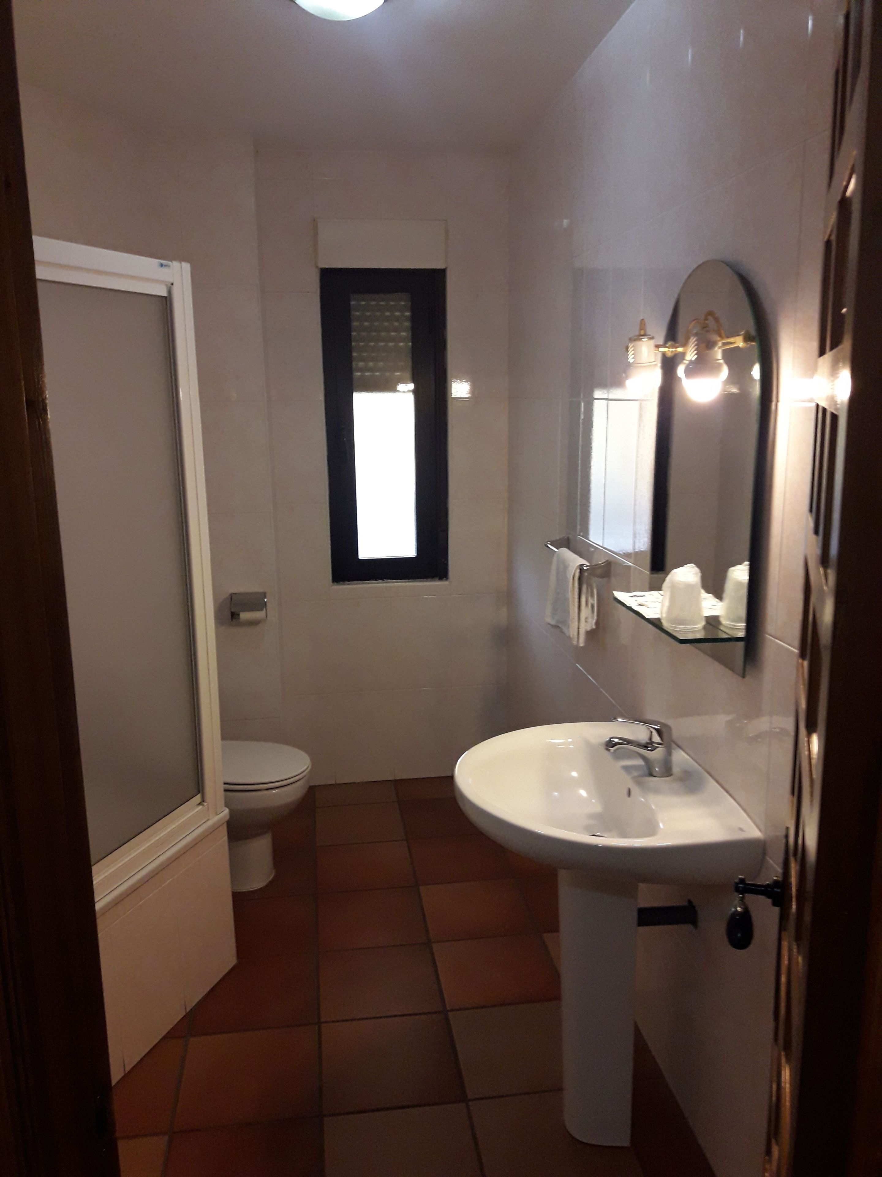Un baño con inodoro, lavamanos y espejo.