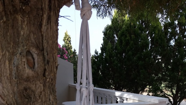 Un pot suspendu orné de fleurs rouges, placé devant un mur blanc, avec un tronc d’arbre et un espace jardin agrémenté d’une clôture et de plantes en pot.