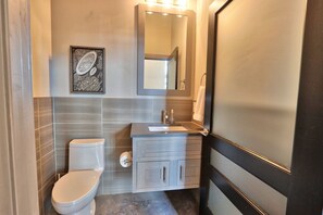 A modern bathroom with a toilet, sink, and vanity. - Romantic Hill Country Luxury - Perfect getaway for two! (Wimberley)