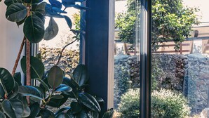 Une plante en pot se trouve près d’une porte vitrée donnant sur un espace extérieur agrémenté d’un mur en pierre et de verdure.