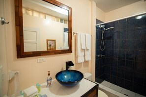 Dusche, Haartrockner, Handtücher, Seife