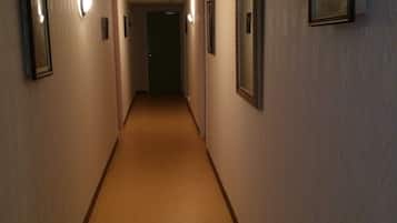 A hotel hallway with carpeted floors, framed mirrors on the walls, and a door at the end.