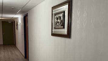 Un couloir avec un tableau encadré au mur, un plancher en bois et une porte au fond.