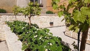 Un jardín con plantas en flor y un muro de piedra.