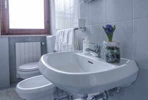 Suite familiare, bagno privato, vista cortile | Bagno | Doccia, asciugacapelli, bidet, asciugamani