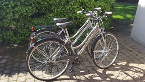 Un vélo est garé sur une surface pavée, avec une haie en arrière-plan.