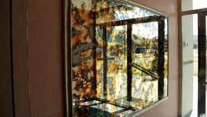 A large, reflective window with a marbled pattern, reflecting an outdoor scene. - Hostal Tio Pepe II (Bembibre)