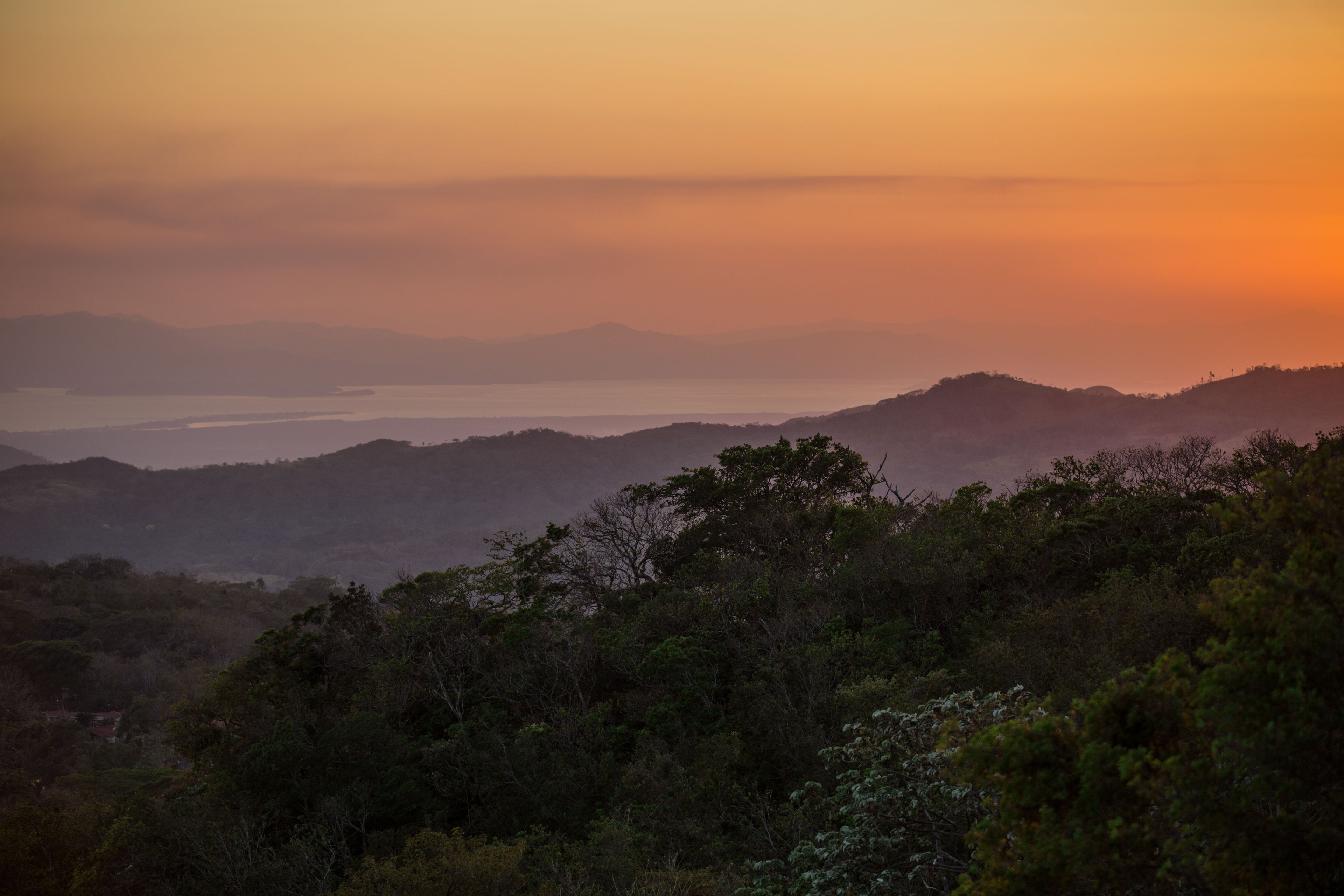 A panoramic view of a mountainous landscape with dense forestation and a distant body of water.