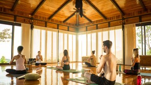 Una clase de yoga en una habitación con pisos de madera y ventanas amplias, con palabras motivacionales en el techo.