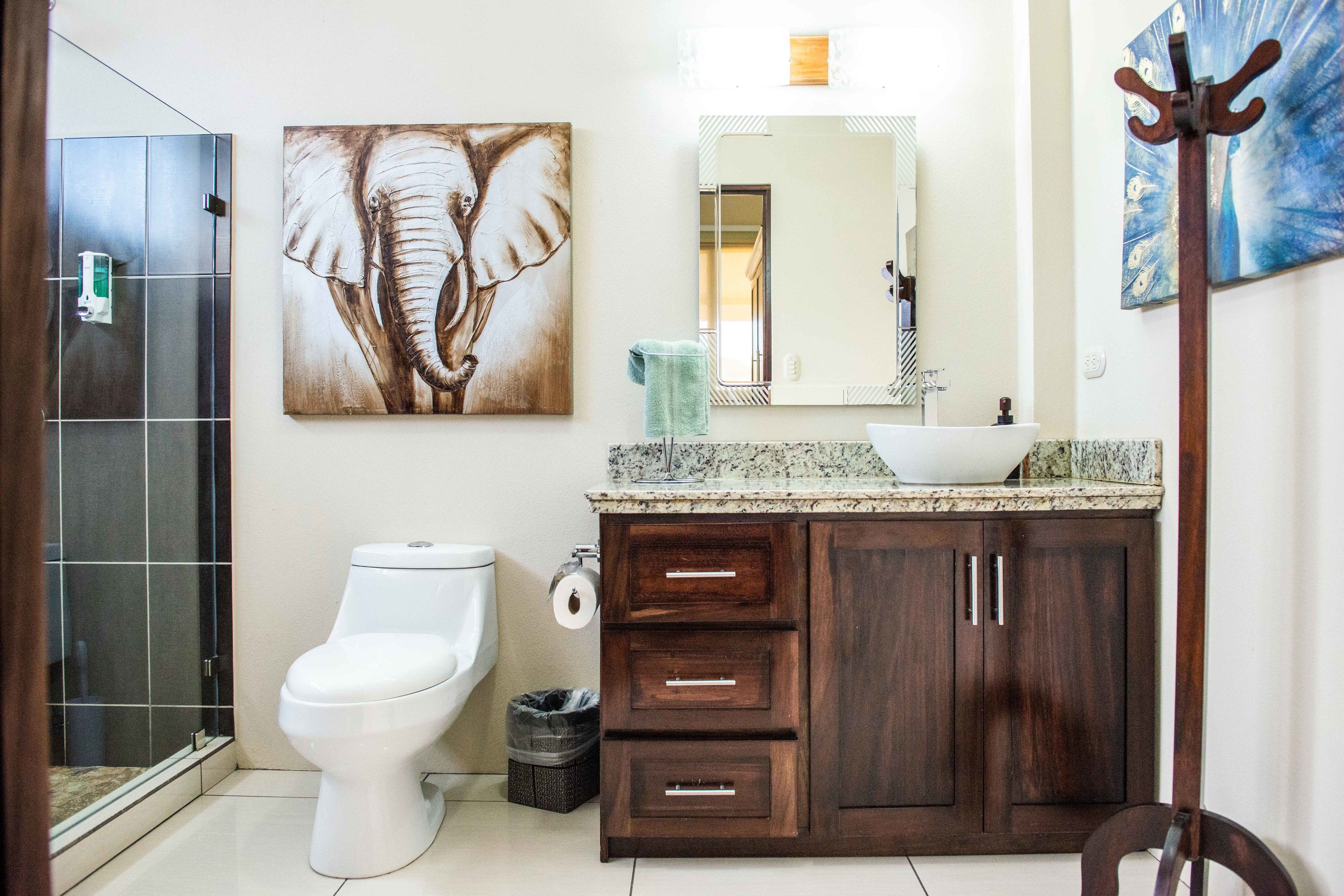 Une salle de bain comprenant des toilettes, un lavabo avec un miroir, un meuble avec des tiroirs et un espace douche.