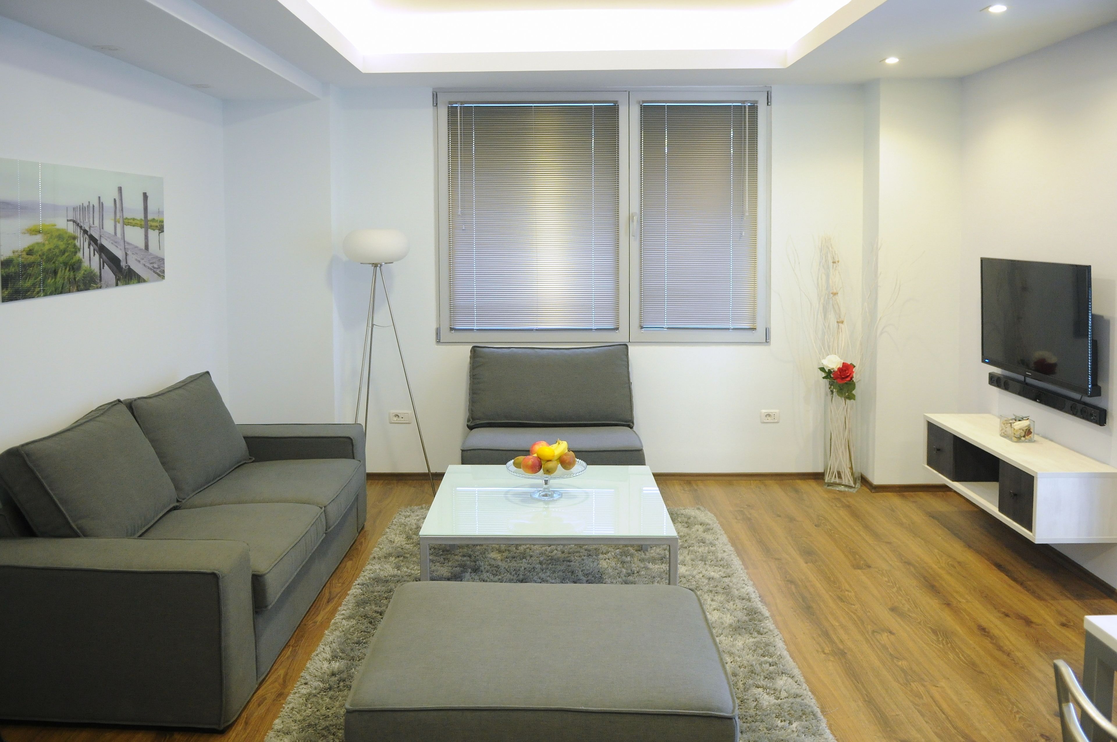 Una sala de estar moderna con un sofá gris, una mesa de centro de vidrio con fruta, un sillón gris, un televisor sobre un mueble blanco y un cuadro en la pared.