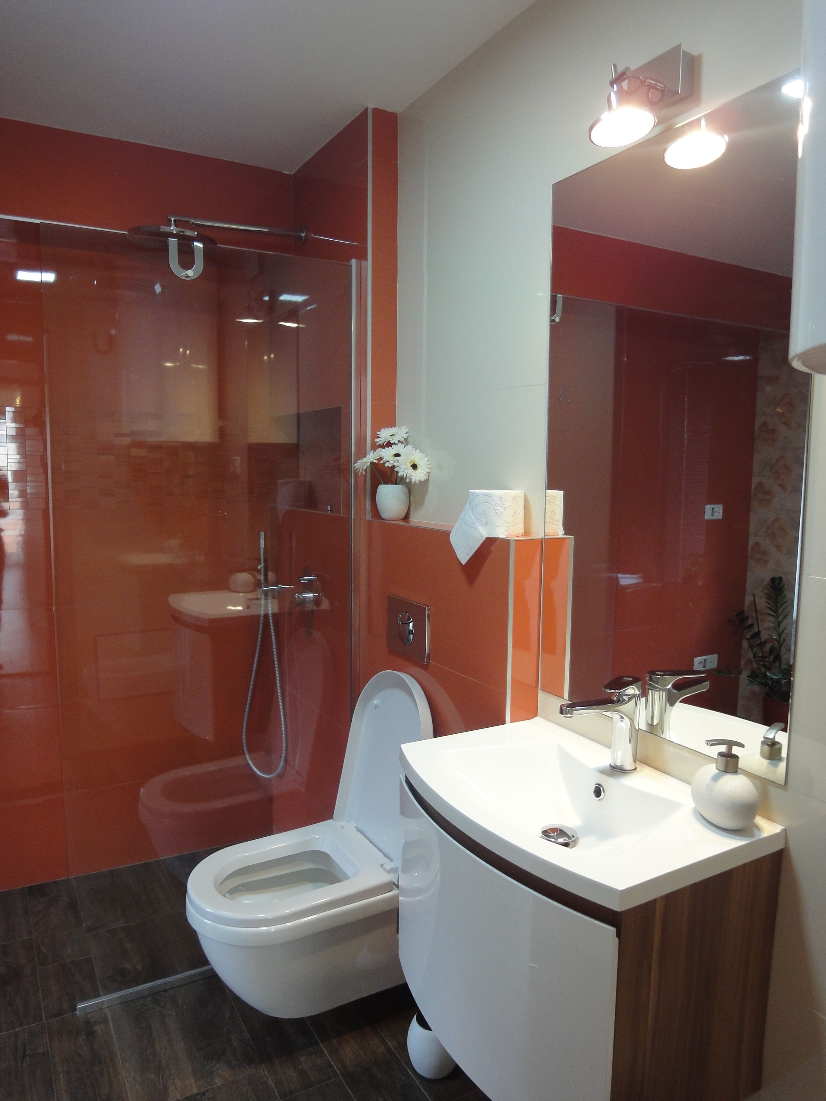 A modern bathroom with a glass shower enclosure, a white toilet, and a vanity with a mirror.