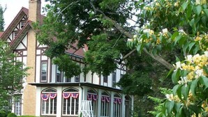 A traditional Tudor-style house with a well-maintained garden featuring a variety of flowers and a white ladder leaning against the house.