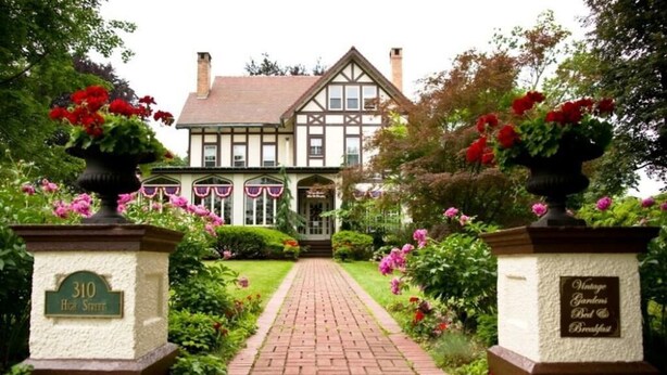 A Tudor-style house with a brick pathway leading to the entrance.