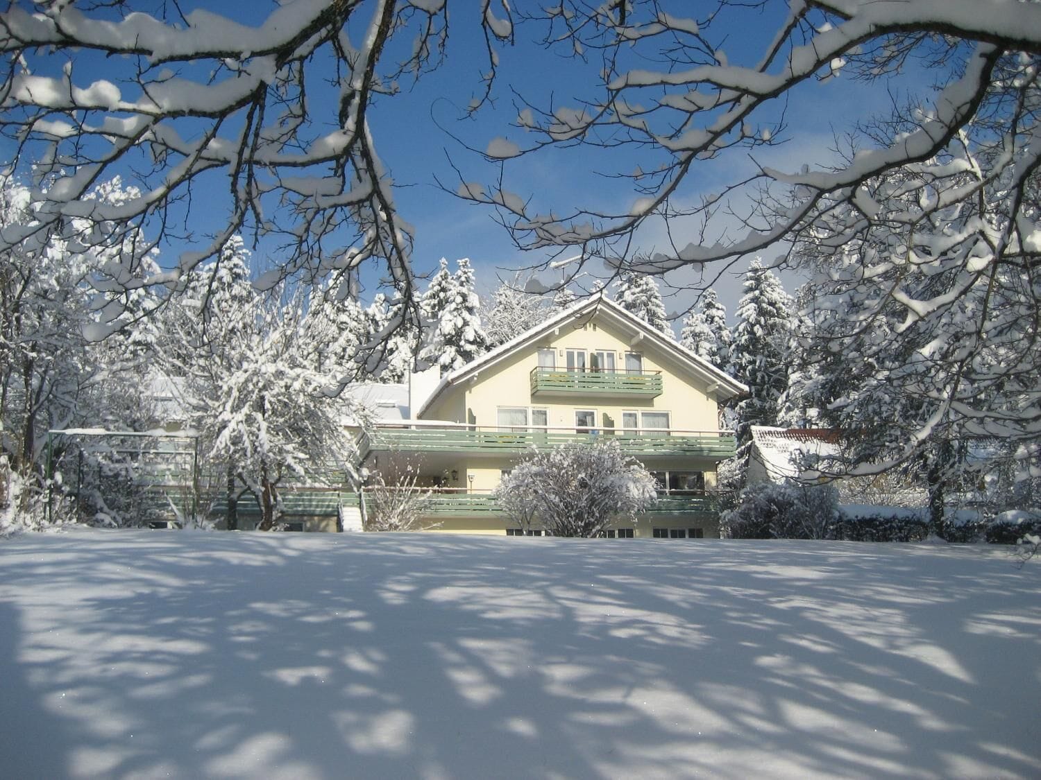 Una casa de dos pisos con balcón, rodeada de árboles cubiertos de nieve.