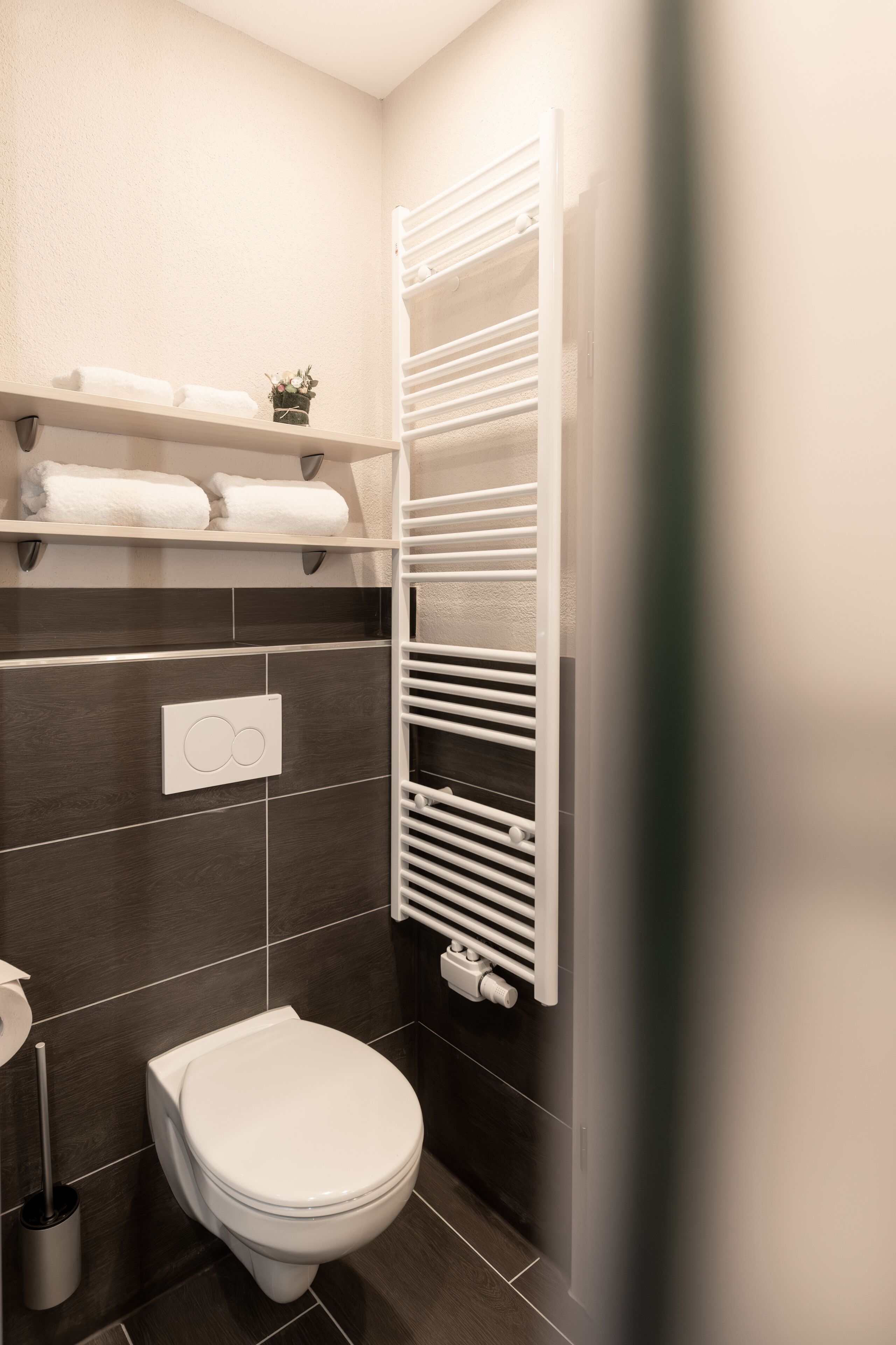 Et badeværelse med toilet, håndklædeholder og radiator.